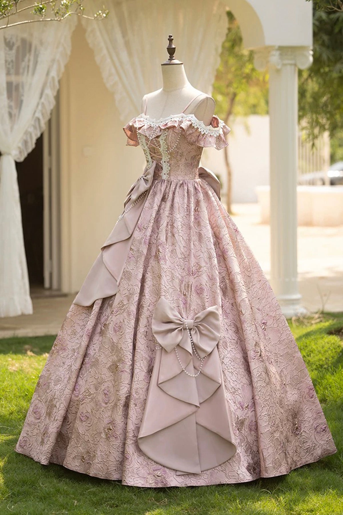 Pink Floral Lace Off-the-Shoulder Ball Gown with Back Satin Bow, Formal Prom Quinceanera Dress