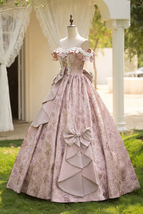 Pink Floral Lace Off-the-Shoulder Ball Gown with Back Satin Bow, Formal Prom Quinceanera Dress