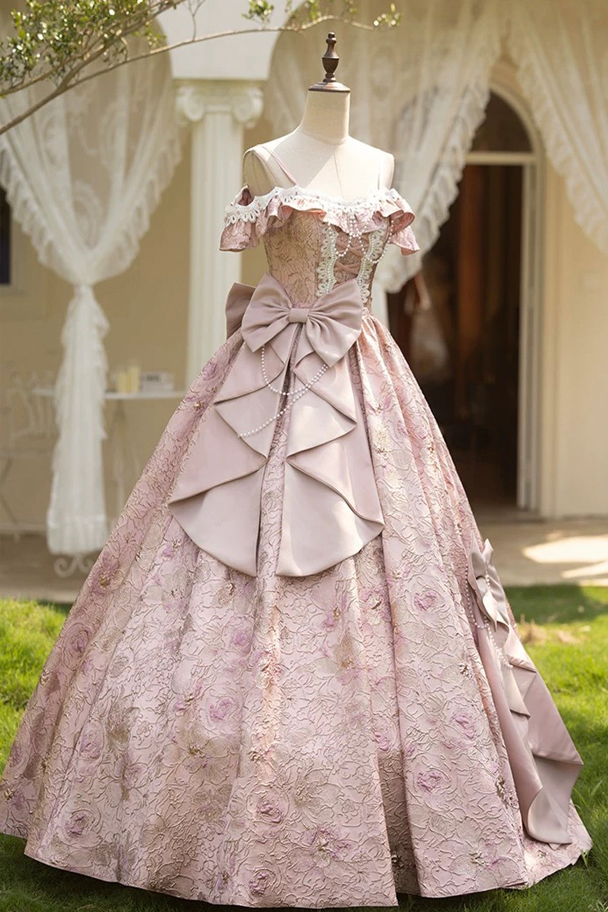 Pink Floral Lace Off-the-Shoulder Ball Gown with Back Satin Bow, Formal Prom Quinceanera Dress