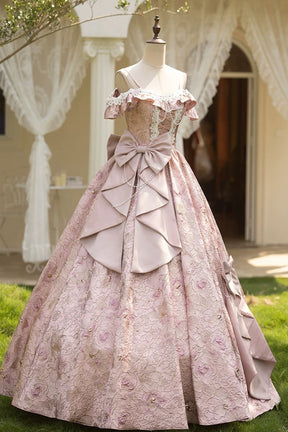 Pink Floral Lace Off-the-Shoulder Ball Gown with Back Satin Bow, Formal Prom Quinceanera Dress
