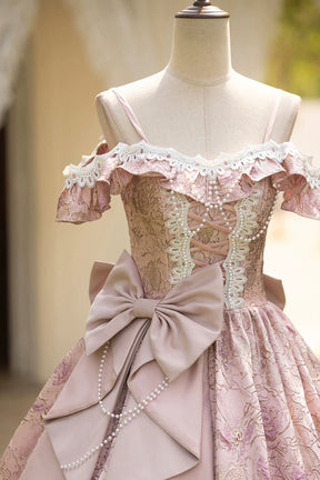 Pink Floral Lace Off-the-Shoulder Ball Gown with Back Satin Bow, Formal Prom Quinceanera Dress
