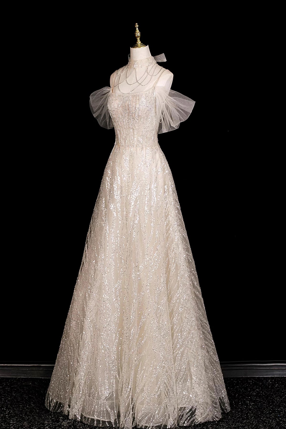 Off-the-Shoulder Sequin Tulle Evening Gown | Champagne Formal Prom Dress
