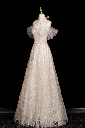 Off-the-Shoulder Sequin Tulle Evening Gown | Champagne Formal Prom Dress