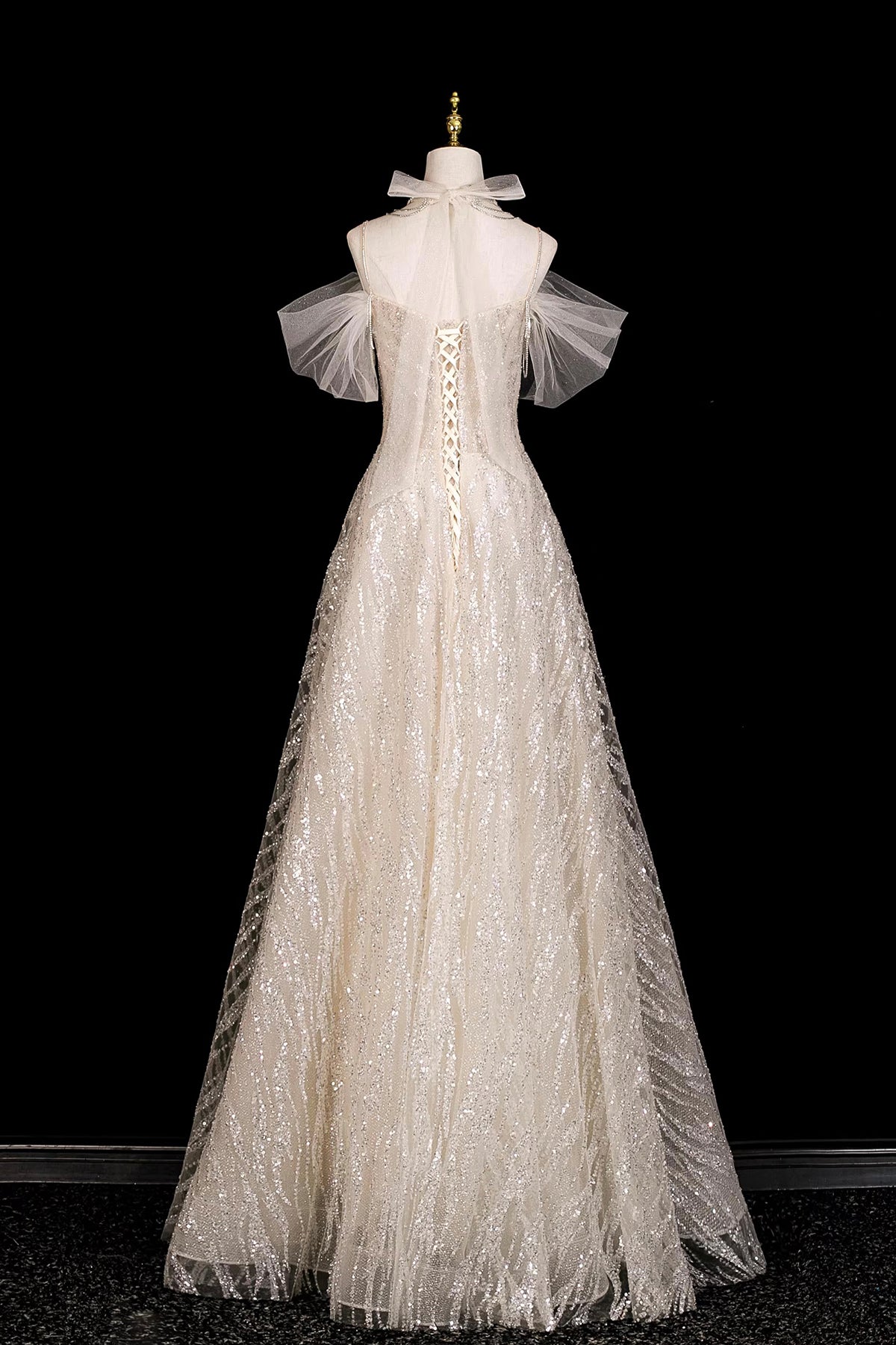 Off-the-Shoulder Sequin Tulle Evening Gown | Champagne Formal Prom Dress