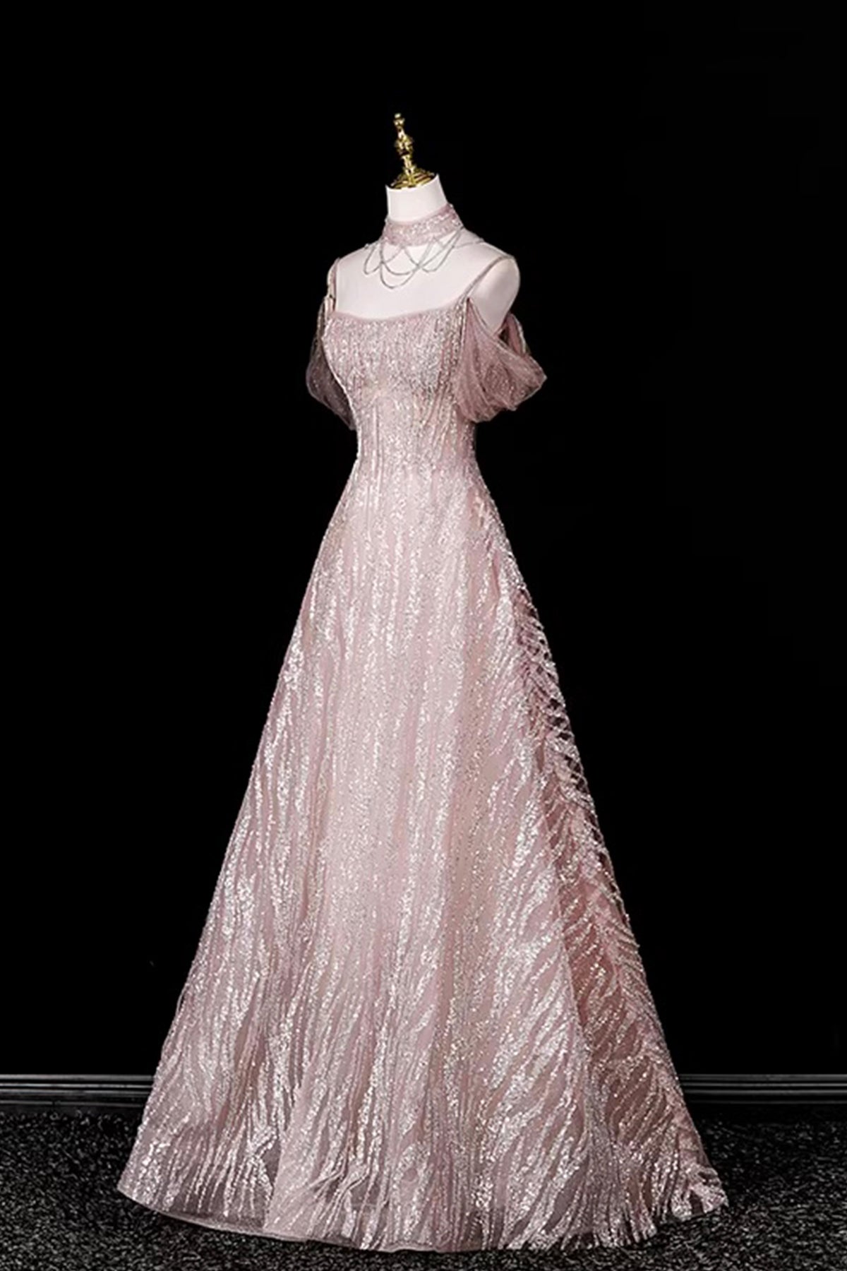 Off-the-Shoulder Pink Sequin Tulle Evening Gown | Formal Prom Dress