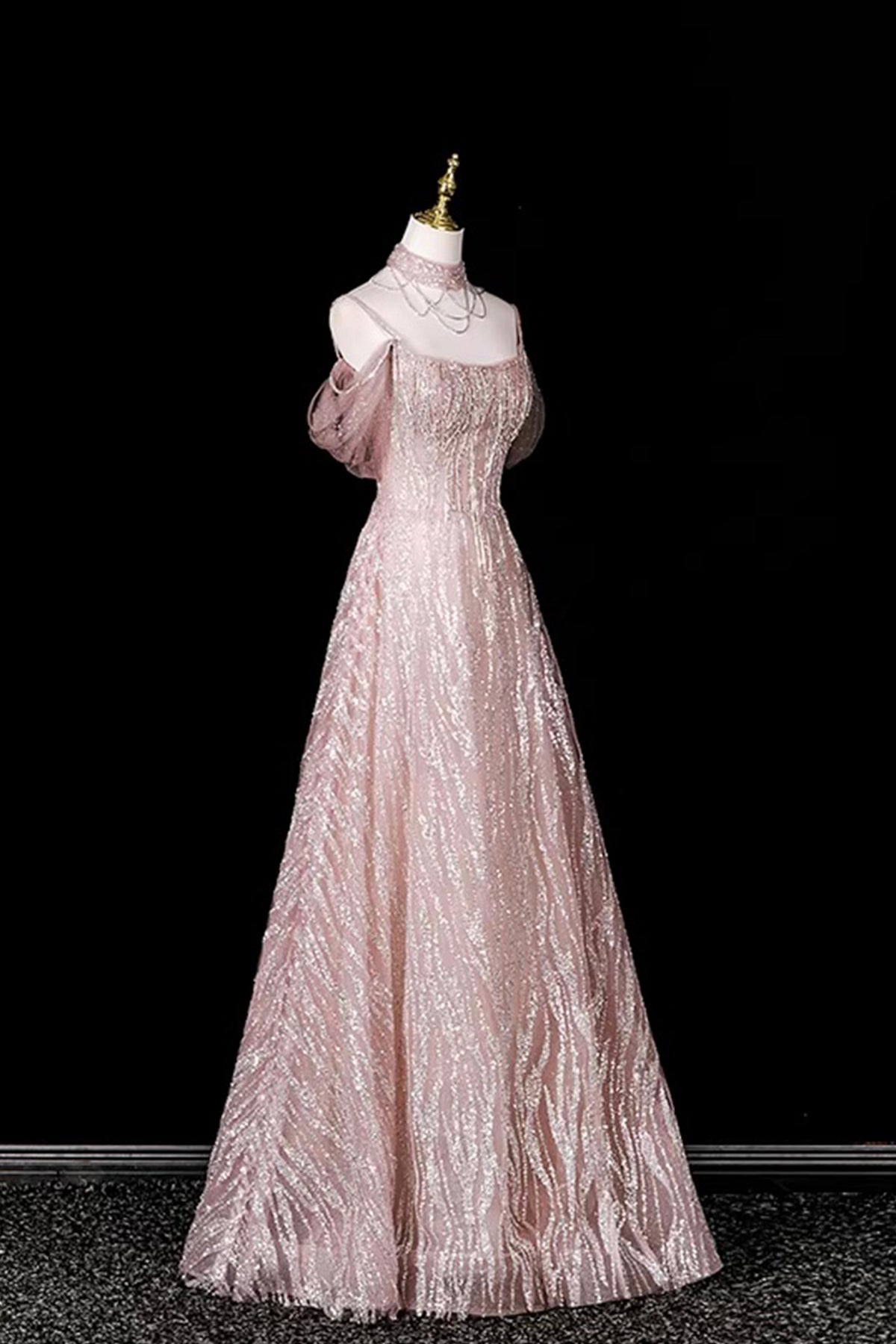 Off-the-Shoulder Pink Sequin Tulle Evening Gown | Formal Prom Dress