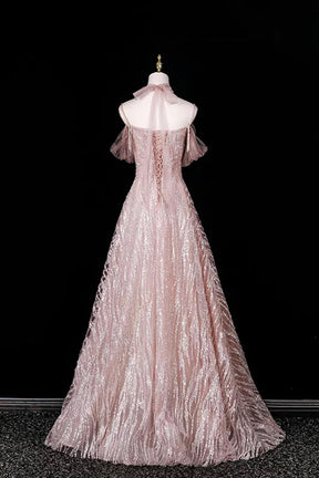 Off-the-Shoulder Pink Sequin Tulle Evening Gown | Formal Prom Dress