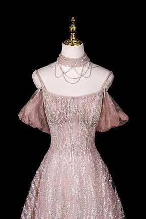 Off-the-Shoulder Pink Sequin Tulle Evening Gown | Formal Prom Dress