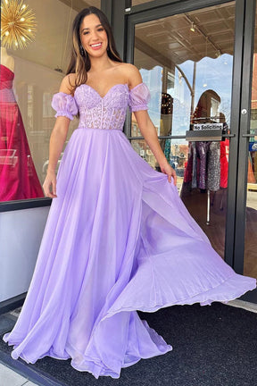 Lavender Chiffon Lace Long Prom Dress with Corset, Beautiful Evening Party Dress
