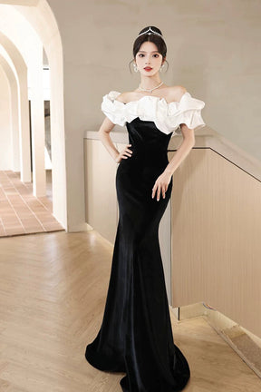 White and Black Velvet Long Prom Dress, Mermaid Off the Shoulder Party White and Black Velvet Long Prom Dress, Mermaid Off the Shoulder Party