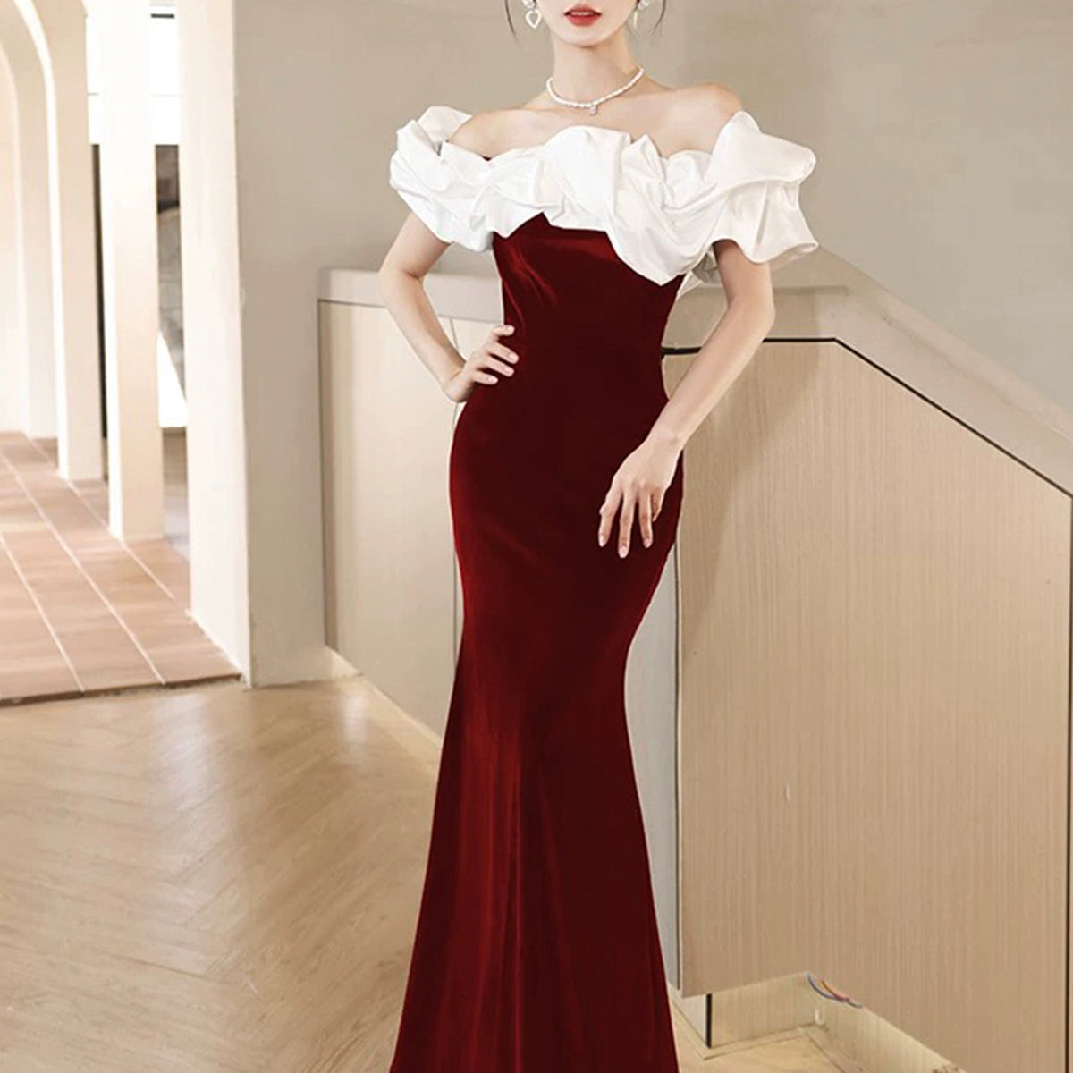 White and Burgundy Velvet Long Prom Dress, Mermaid Off the Shoulder Party Dress