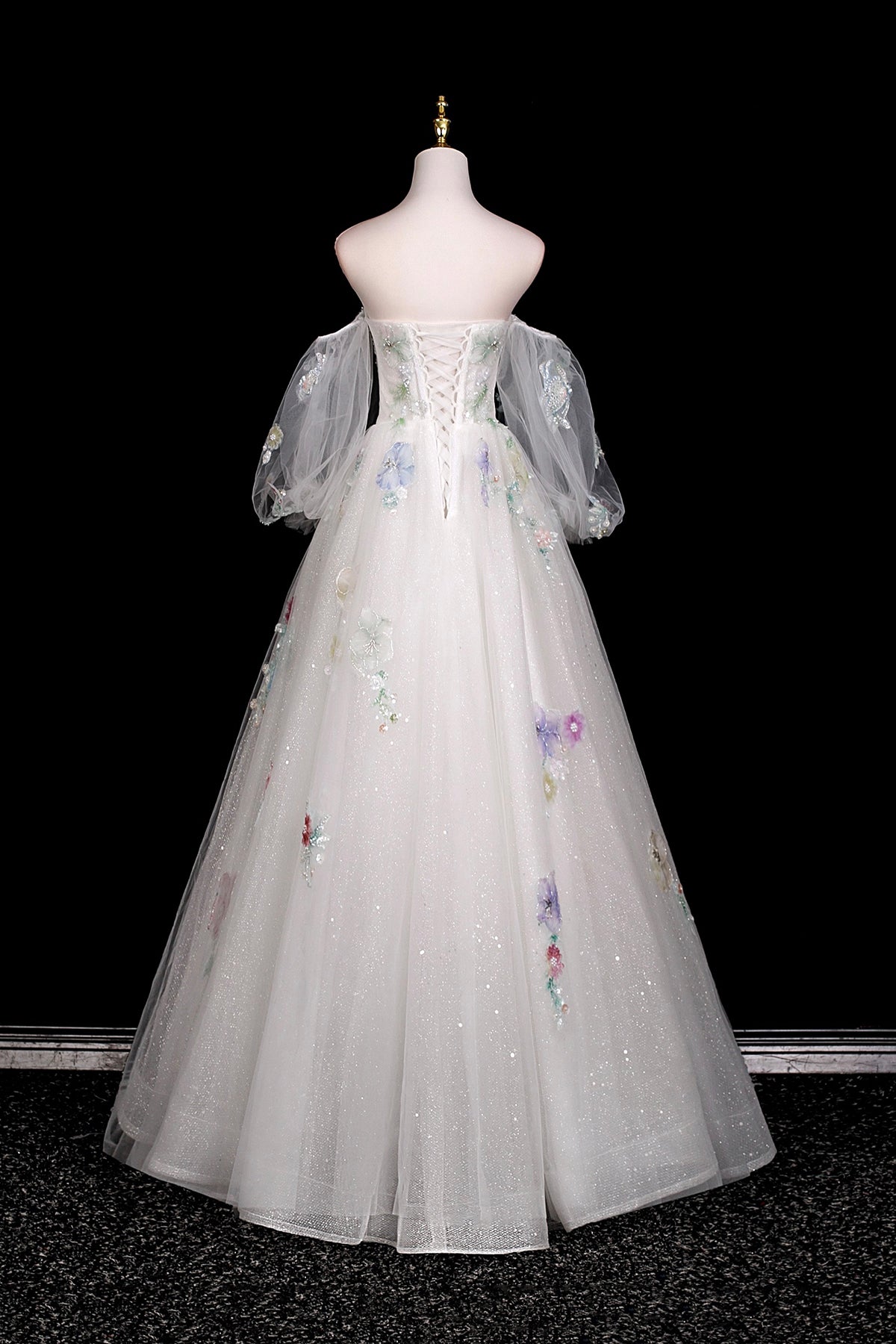 Beautiful Tulle Sequins Long Prom Dress, White Off the Shoulder Formal Dress