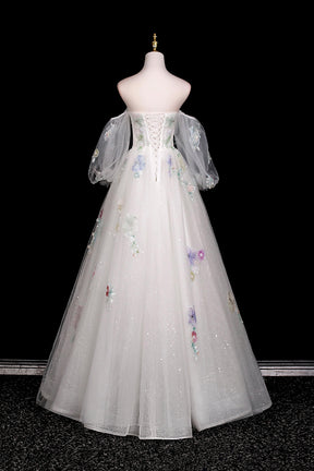 Beautiful Tulle Sequins Long Prom Dress, White Off the Shoulder Formal Dress