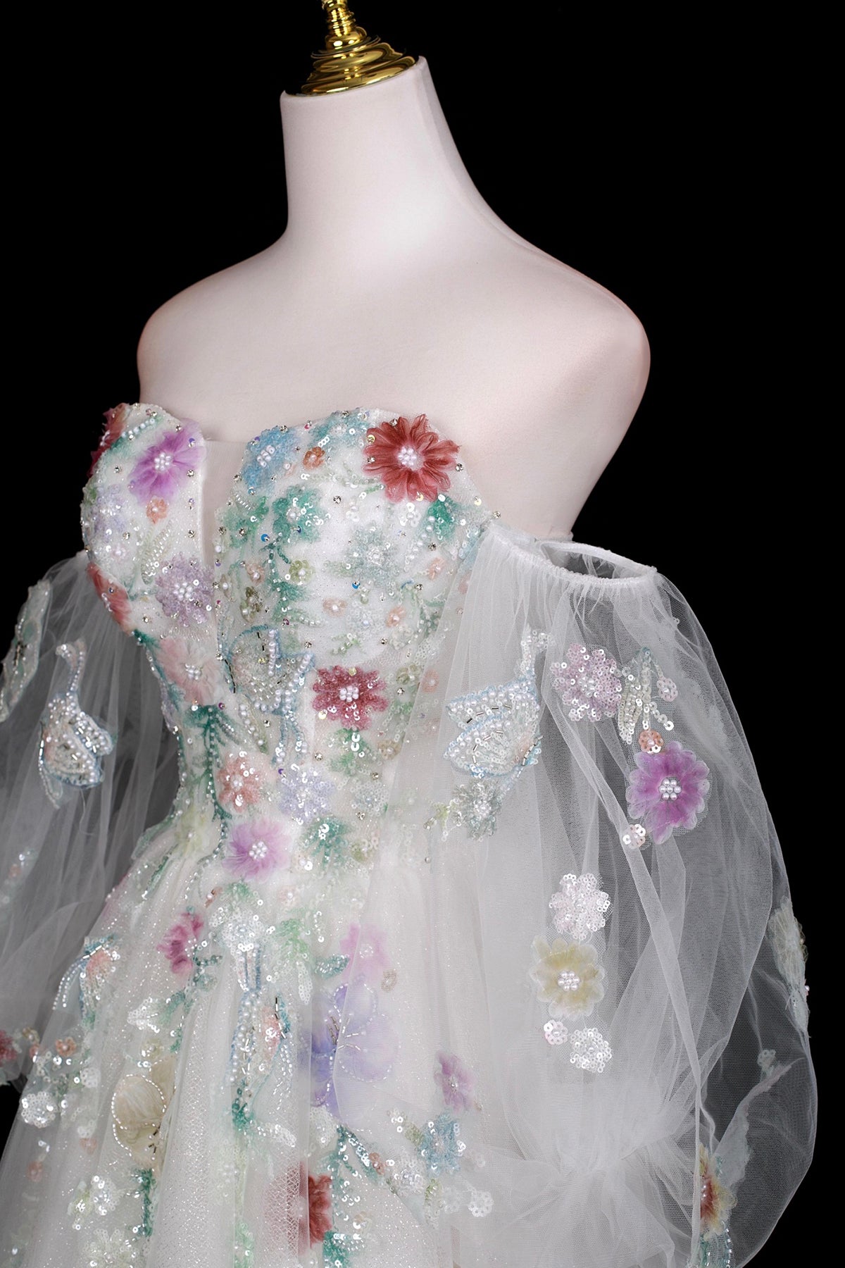 Beautiful Tulle Sequins Long Prom Dress, White Off the Shoulder Formal Dress