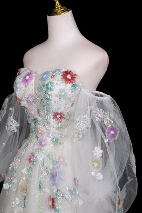 Beautiful Tulle Sequins Long Prom Dress, White Off the Shoulder Formal Dress