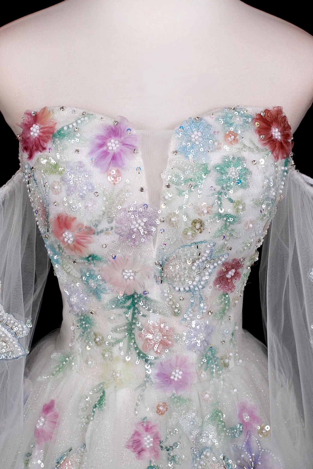 Beautiful Tulle Sequins Long Prom Dress, White Off the Shoulder Formal Dress