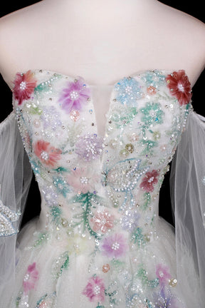 Beautiful Tulle Sequins Long Prom Dress, White Off the Shoulder Formal Dress