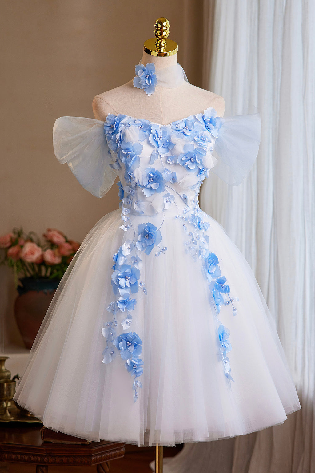 White Tulle and Blue Flowers Short Prom Dress, Cute A-Line Homecoming