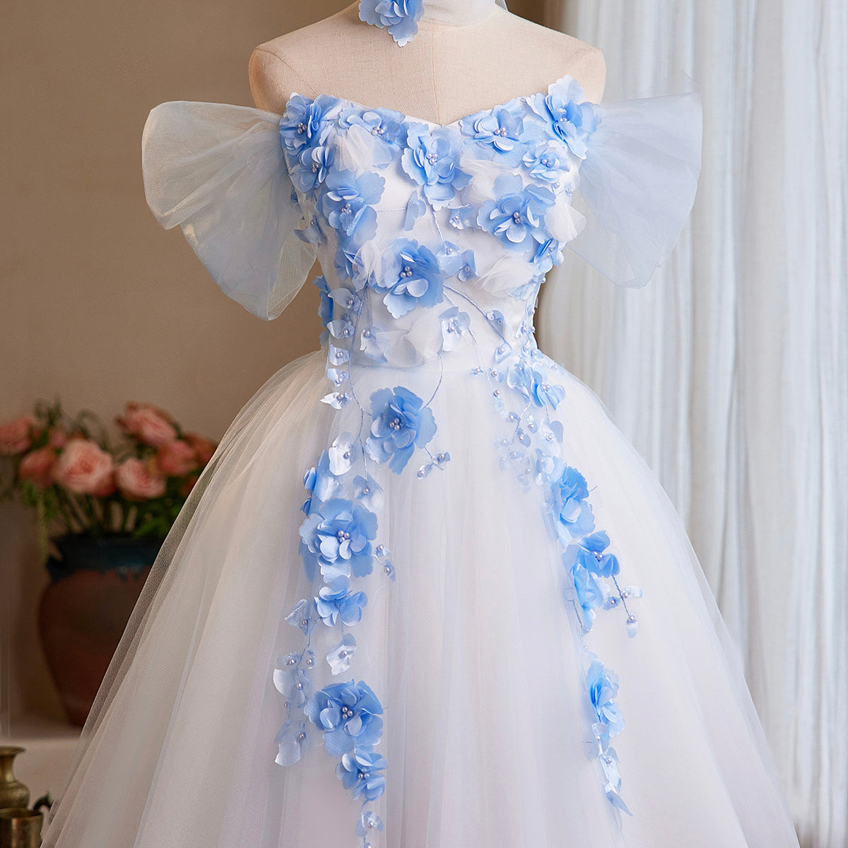 white with blue flowers prom dress Light Blue Tulle Flowers High Low New Party Dress , Blue Prom Dress –  Cutedressy main image 0