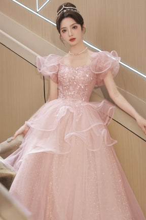 Pink Tulle Sequins Long Formal Dresses, Beautiful Short Sleeve Evening Dresses