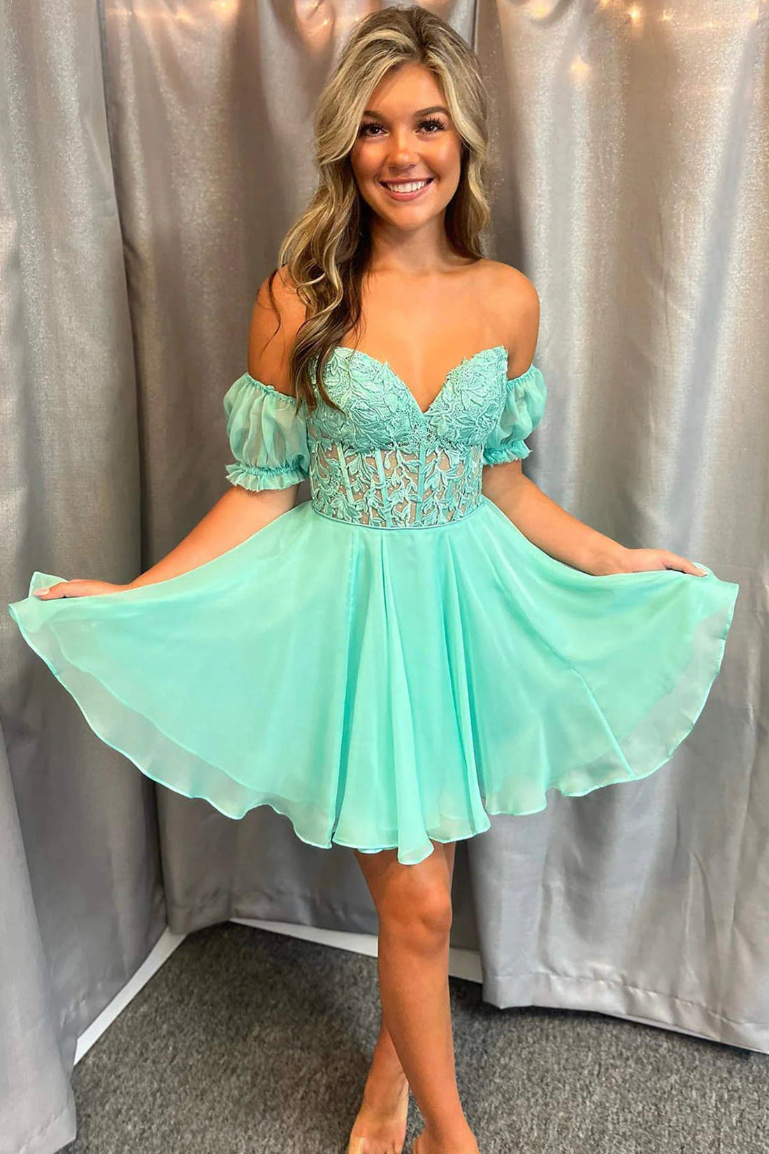 Green Chiffon Lace Short Prom Dress, Off the Shoulder Evening Party Dress