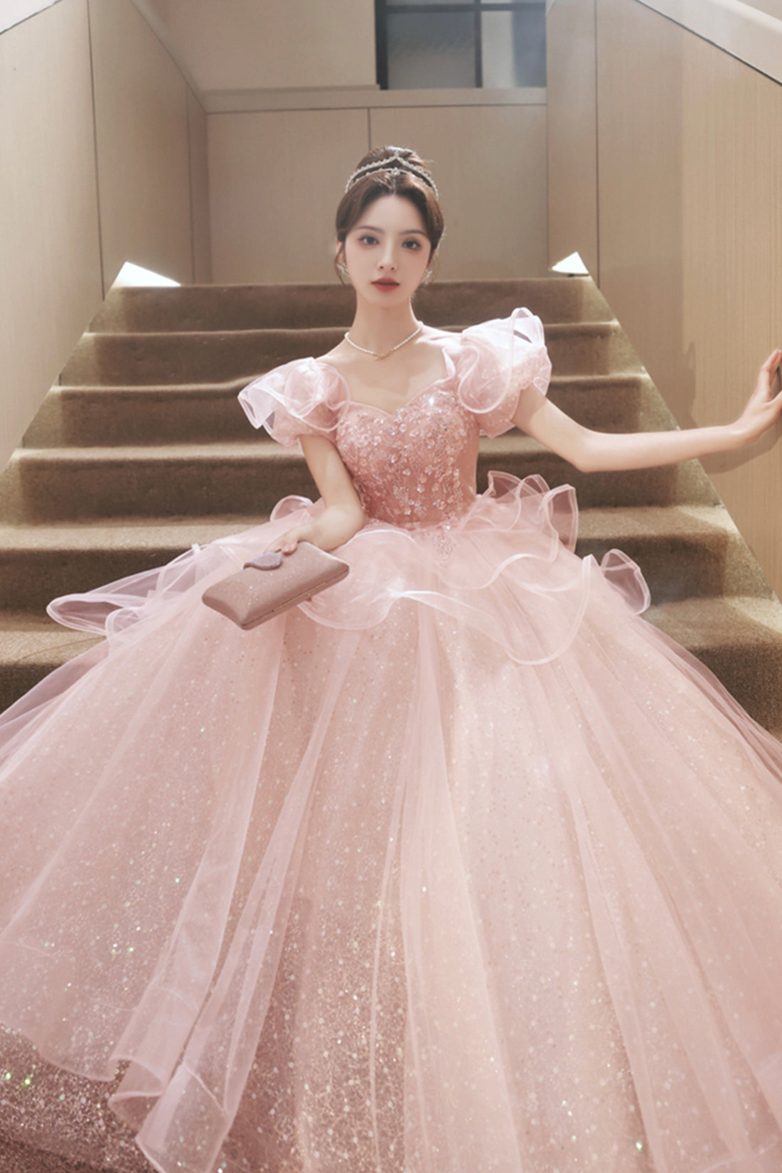 Pink Tulle Sequins Long Formal Dresses, Beautiful Short Sleeve Evening Pink Tulle Sequins Long Formal Dresses, Beautiful Short Sleeve Evening