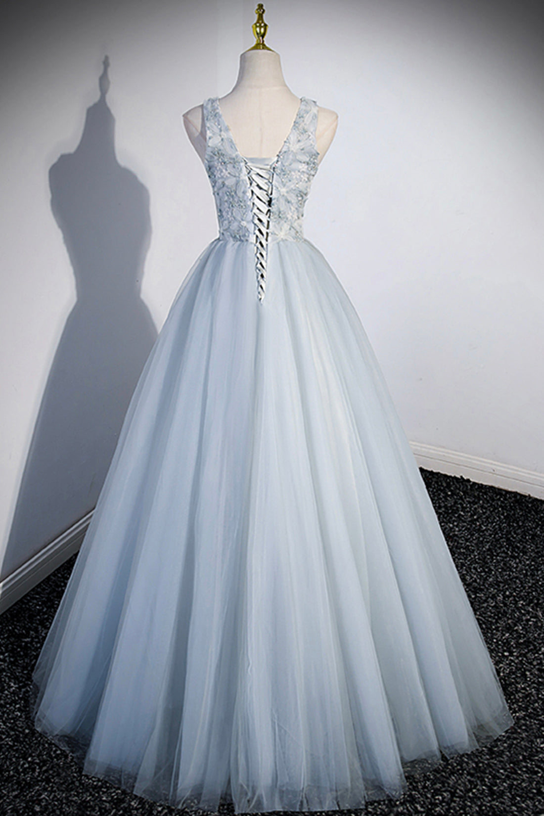 Cute V-Neck Tulle Long Prom Dress, Gray Evening Dress Party Dress