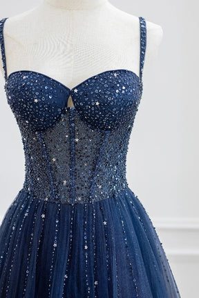 Blue Tulle Beaded Long Prom Dress Formal Dress, Blue Evening Dress