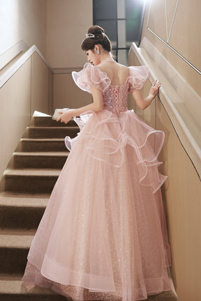 Pink Tulle Sequins Long Formal Dresses, Beautiful Short Sleeve Evening Dresses