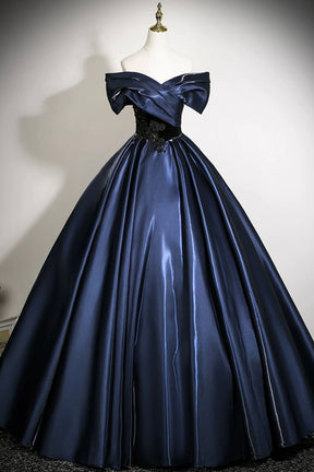 Navy Satin Lace Long Prom Dress, Elegant Off the Shoulder A-Line Party Dress