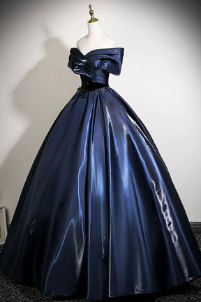 Navy Satin Lace Long Prom Dress, Elegant Off the Shoulder A-Line Party Dress