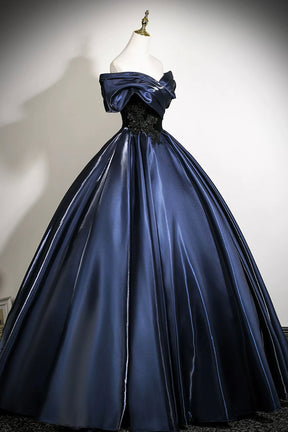 Navy Satin Lace Long Prom Dress, Elegant Off the Shoulder A-Line Party Dress