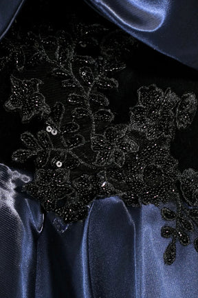 Navy Satin Lace Long Prom Dress, Elegant Off the Shoulder A-Line Party Dress