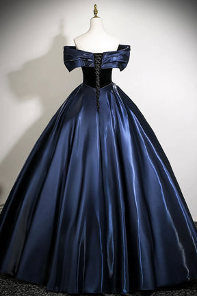 Navy Satin Lace Long Prom Dress, Elegant Off the Shoulder A-Line Party Dress