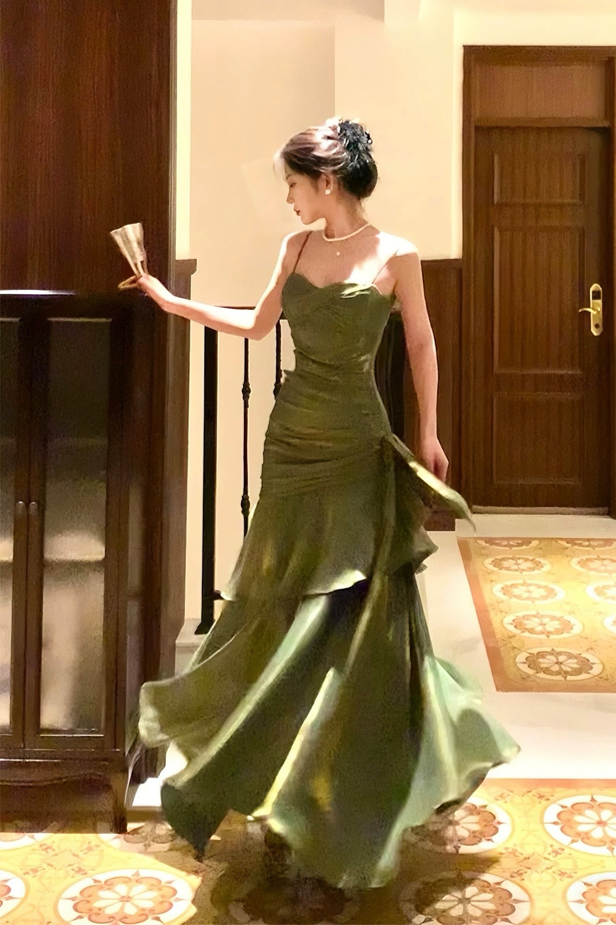 Emerald Satin Mermaid Gown, Beautiful Spaghetti Strap Evening Formal Dress