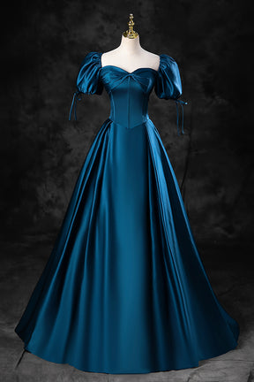 Blue Off the Shoulder Satin Floor Length Prom Dress with Corset, Blue Evening Party Dress
