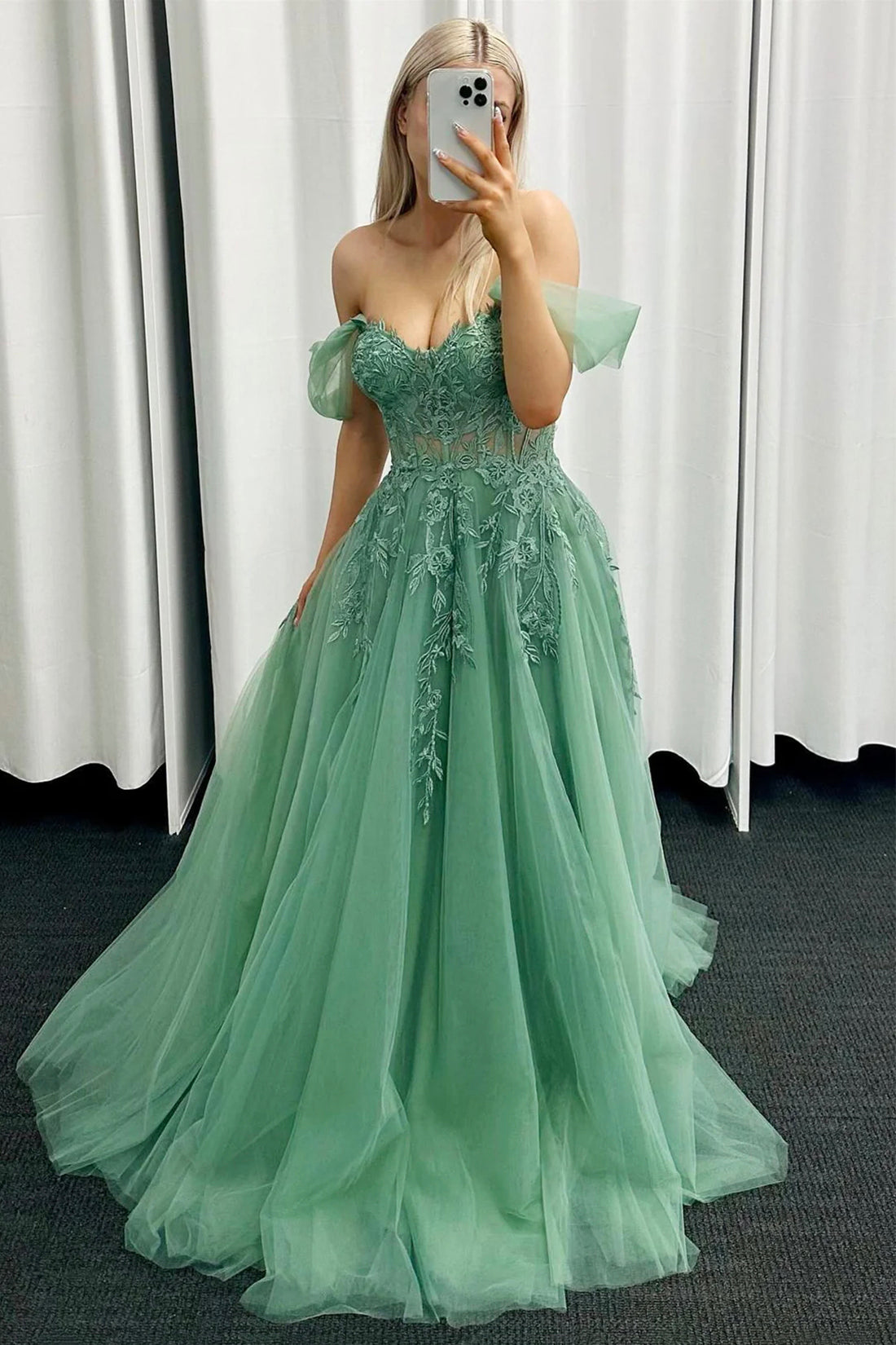 A-Line Tulle Lace Long Prom Dress, Green Off the Shoulder Evening Party Dress