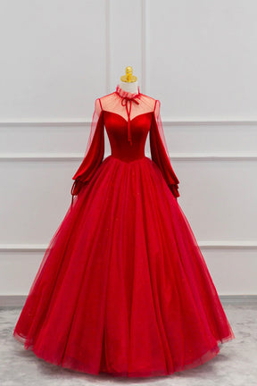 Red Velvet and Tulle Floor Length Prom Dress, Long Sleeve Beautiful A-Line Party Dress