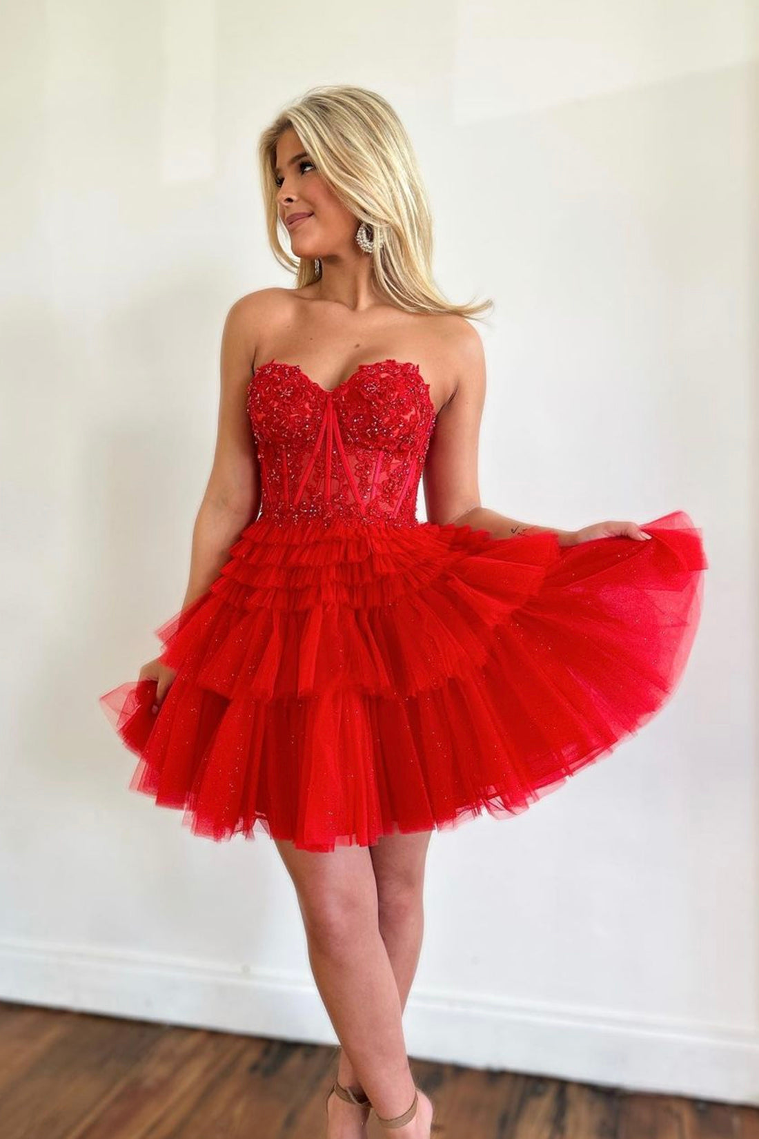 Cute Sweetheart Neck Beaded Red Lace Prom Dresses, Red Strapless Homecoming Dresses