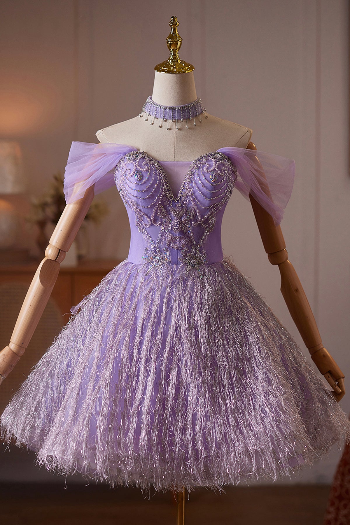 Purple Tulle Off-the-Shoulder Homecoming Party Dress with Crystal Beading