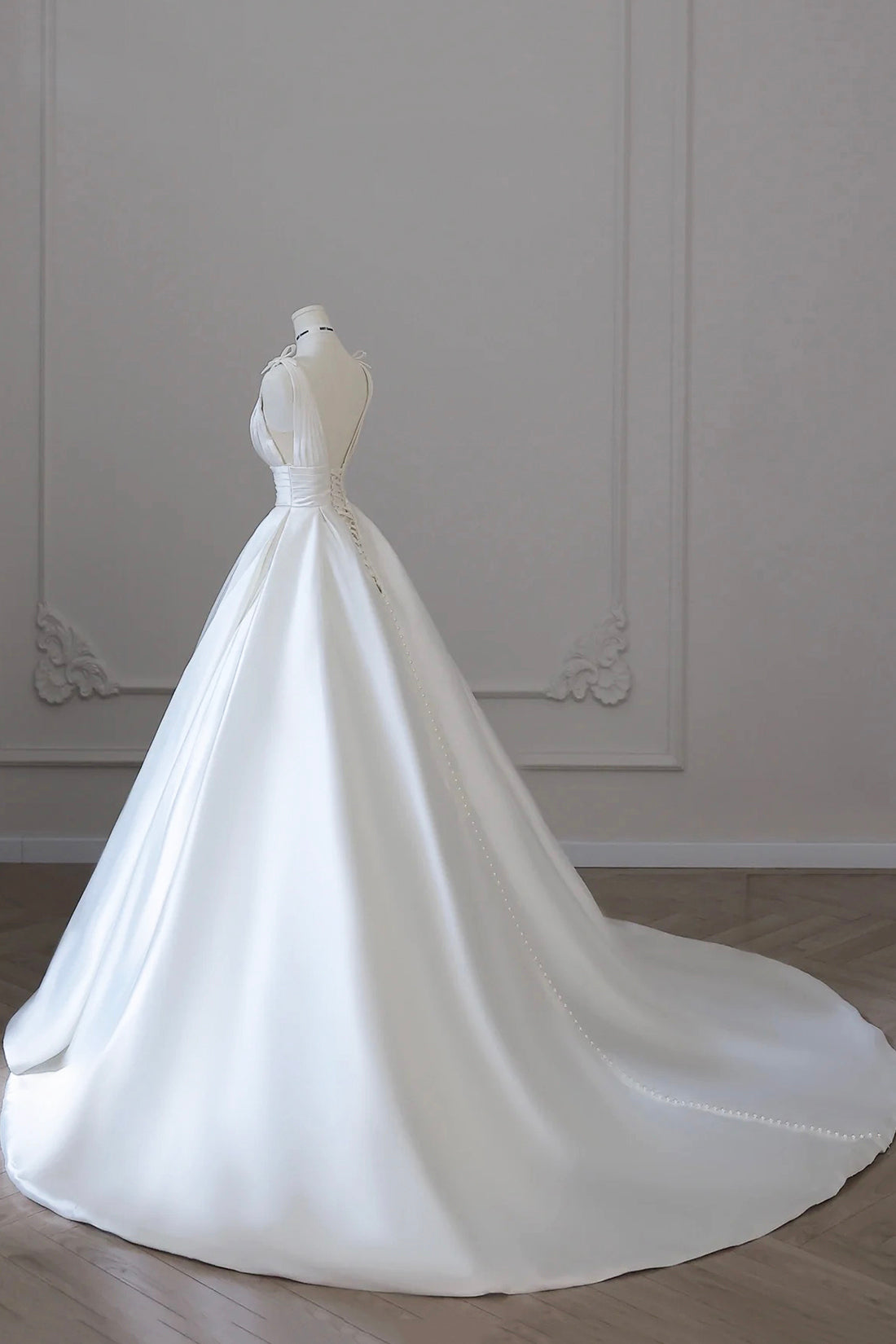 A-Line V-Neck Satin Wedding Dress, White Satin Bridal Gown with Bow A-Line V-Neck Satin Wedding Dress, White Satin Bridal Gown with Bow