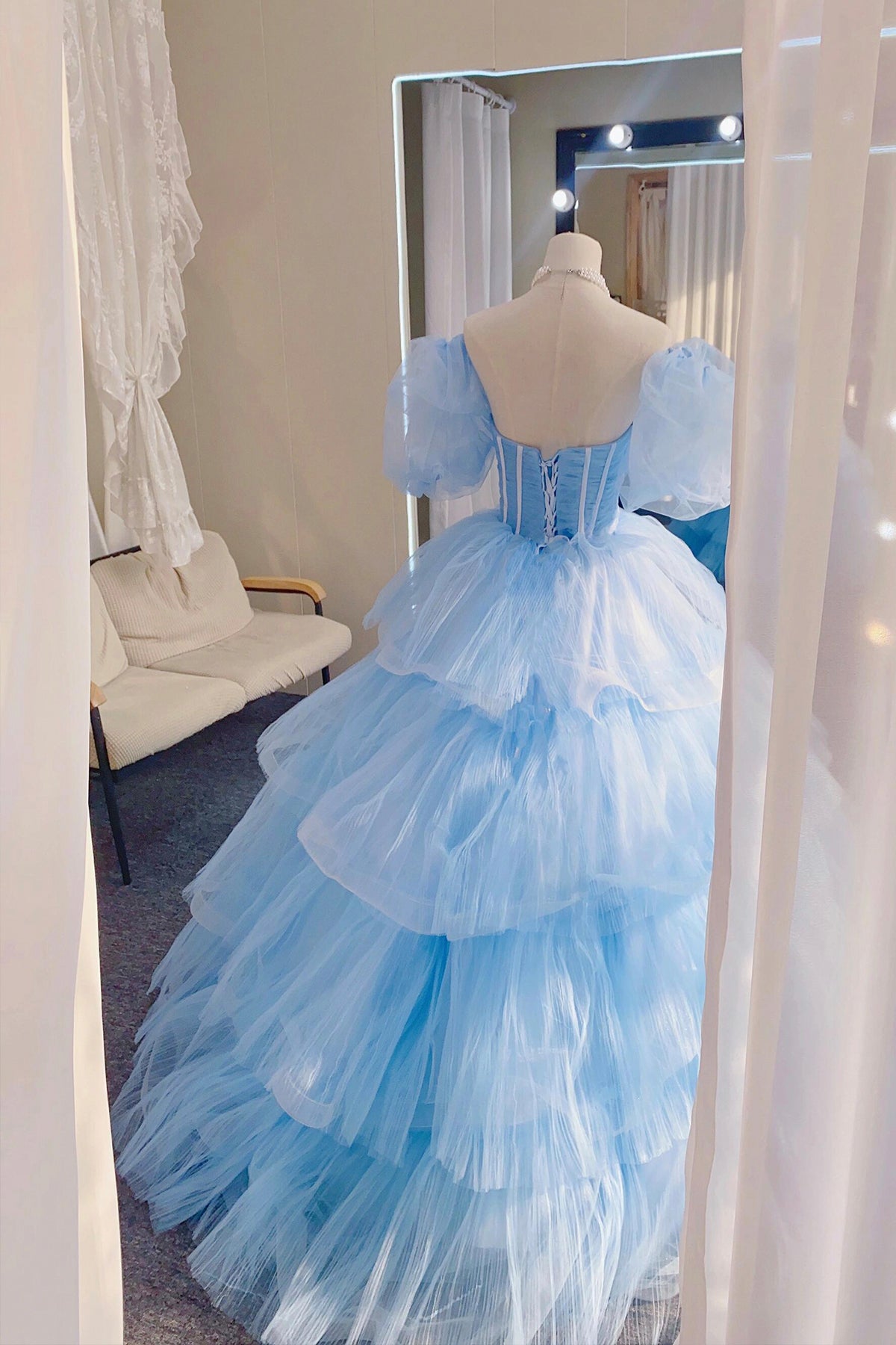 Sky Blue Tulle Sweetheart Long Prom Dress, Beautiful Short Sleeve Formal Dress Sweet 16 Dress