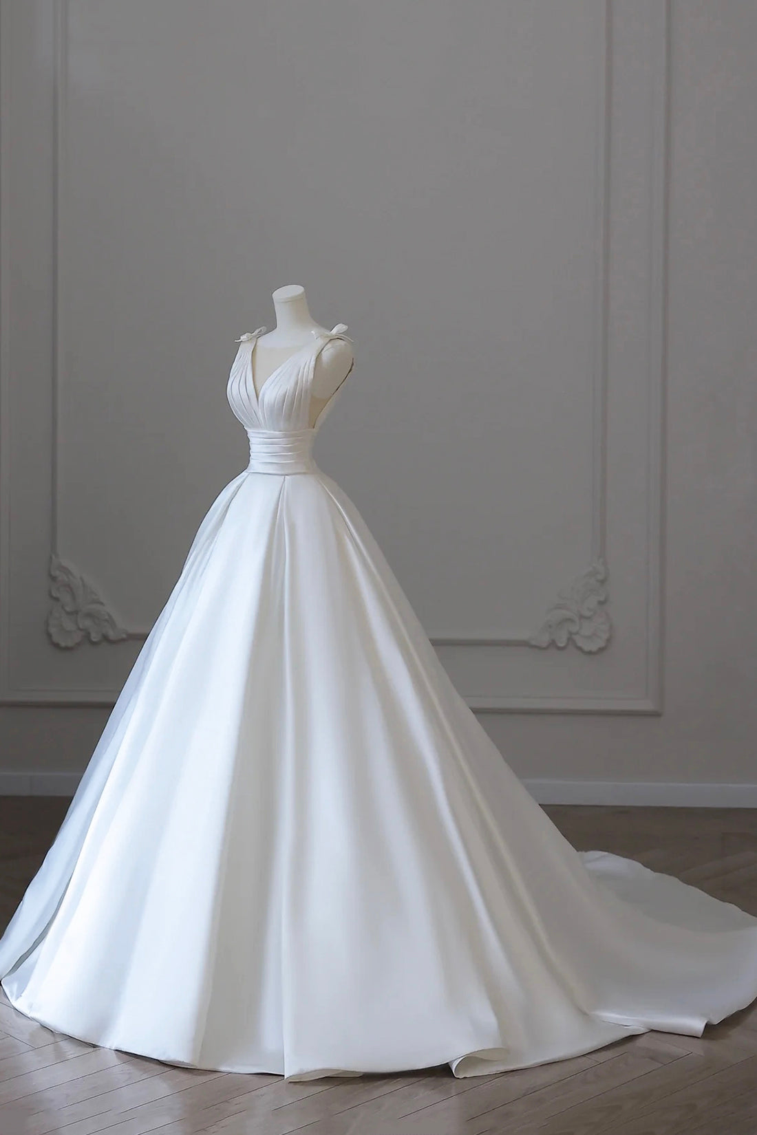 A-Line V-Neck Satin Wedding Dress, White Satin Bridal Gown with Bow A-Line V-Neck Satin Wedding Dress, White Satin Bridal Gown with Bow