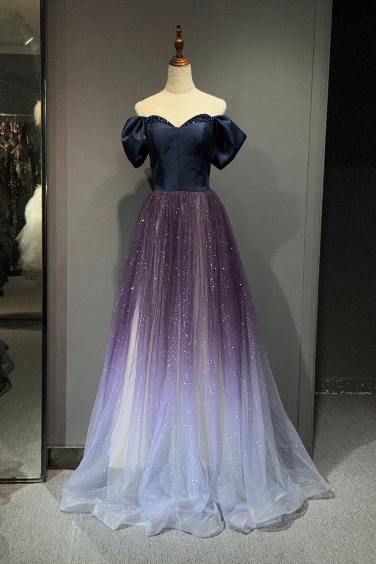 Ombre Purple to Light Blue Glitter Tulle Gown Off Shoulder Navy Satin Bodice Formal Dress