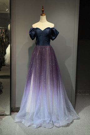 Ombre Purple to Light Blue Glitter Tulle Gown Off Shoulder Navy Satin Bodice Formal Dress