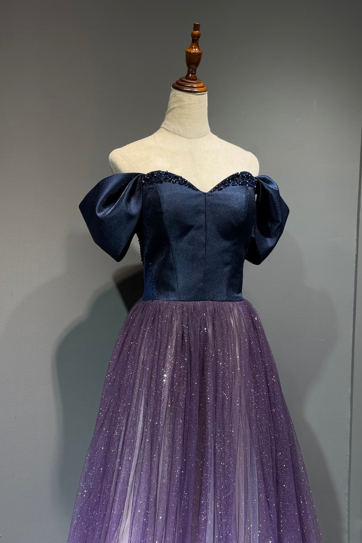 Ombre Purple to Light Blue Glitter Tulle Gown Off Shoulder Navy Satin Bodice Formal Dress