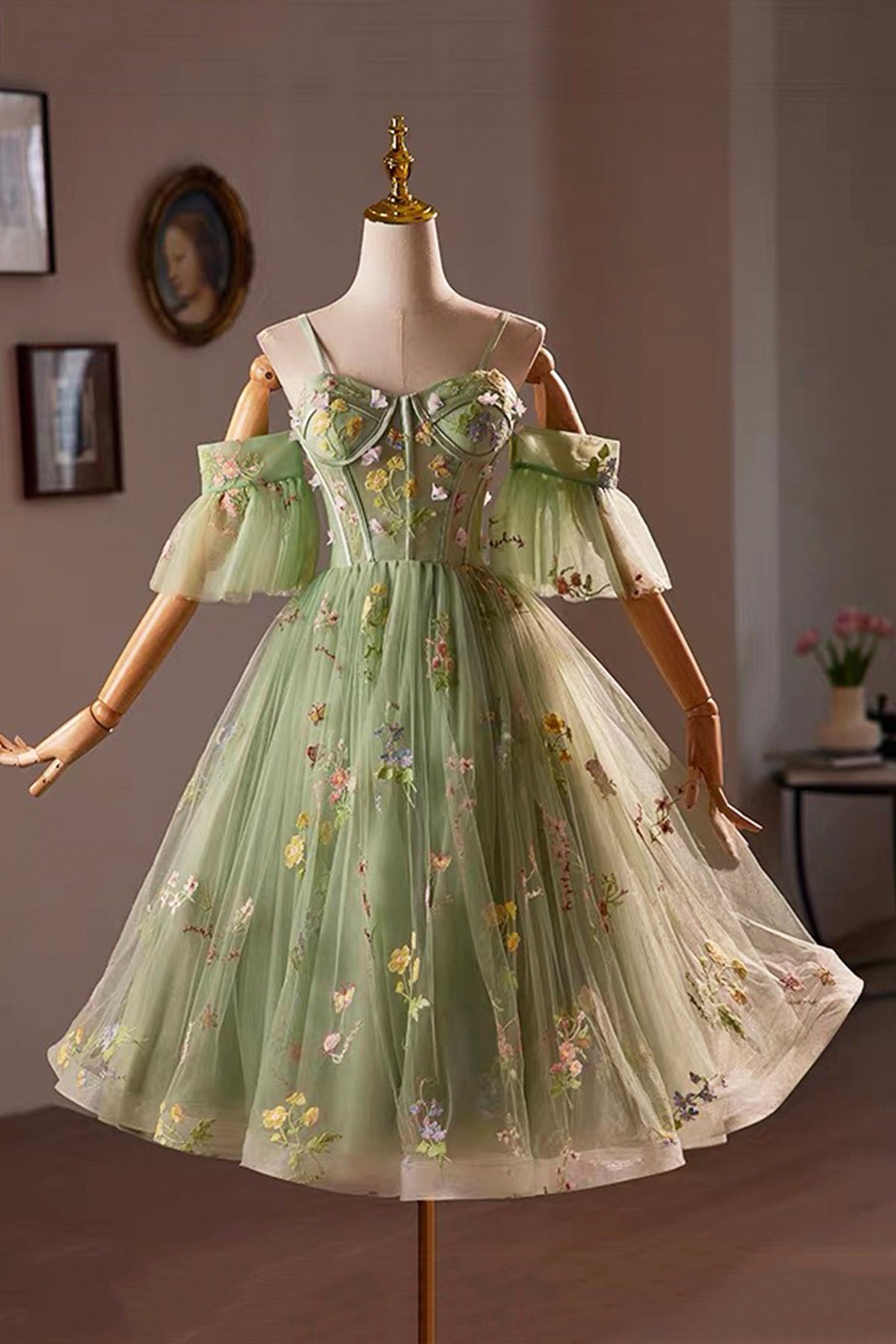 Green Tulle Lace Short Prom Dress, Cute Off the Shoulder Homecoming Party Dress