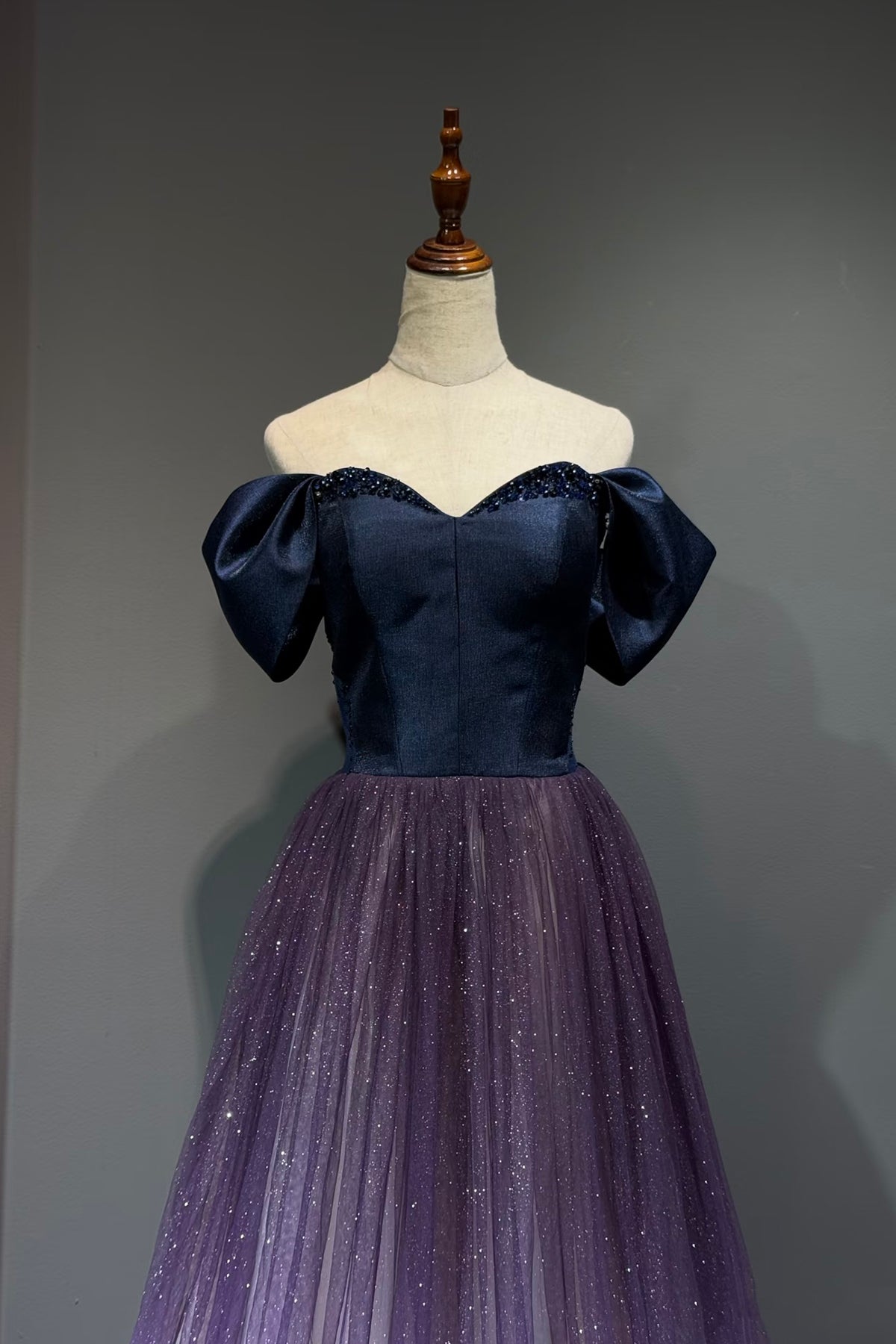 Ombre Purple to Light Blue Glitter Tulle Gown Off Shoulder Navy Satin Bodice Formal Dress