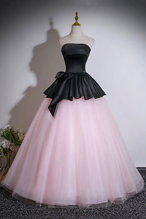 Elegant Strapless Evening Gown with Black Peplum and Pink Tulle Skirt