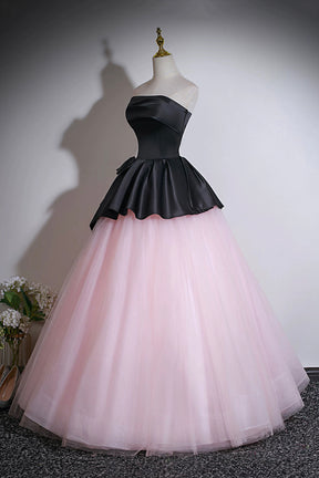 Elegant Strapless Evening Gown with Black Peplum and Pink Tulle Skirt